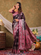 Wine Purple Kanjivaram Banarasi Satin Silk Saree with Rich Silver Zari Weaving, Heritage Pallu & Tassel Detailing