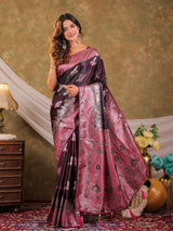 Wine Purple Kanjivaram Banarasi Satin Silk Saree with Rich Silver Zari Weaving, Heritage Pallu & Tassel Detailing