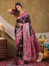 Wine Purple Kanjivaram Banarasi Satin Silk Saree with Rich Silver Zari Weaving, Heritage Pallu & Tassel Detailing
