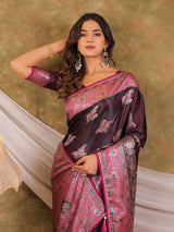 Wine Purple Kanjivaram Banarasi Satin Silk Saree with Rich Silver Zari Weaving, Heritage Pallu & Tassel Detailing