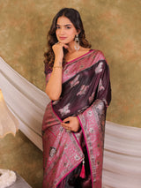 Wine Purple Kanjivaram Banarasi Satin Silk Saree with Rich Silver Zari Weaving, Heritage Pallu & Tassel Detailing