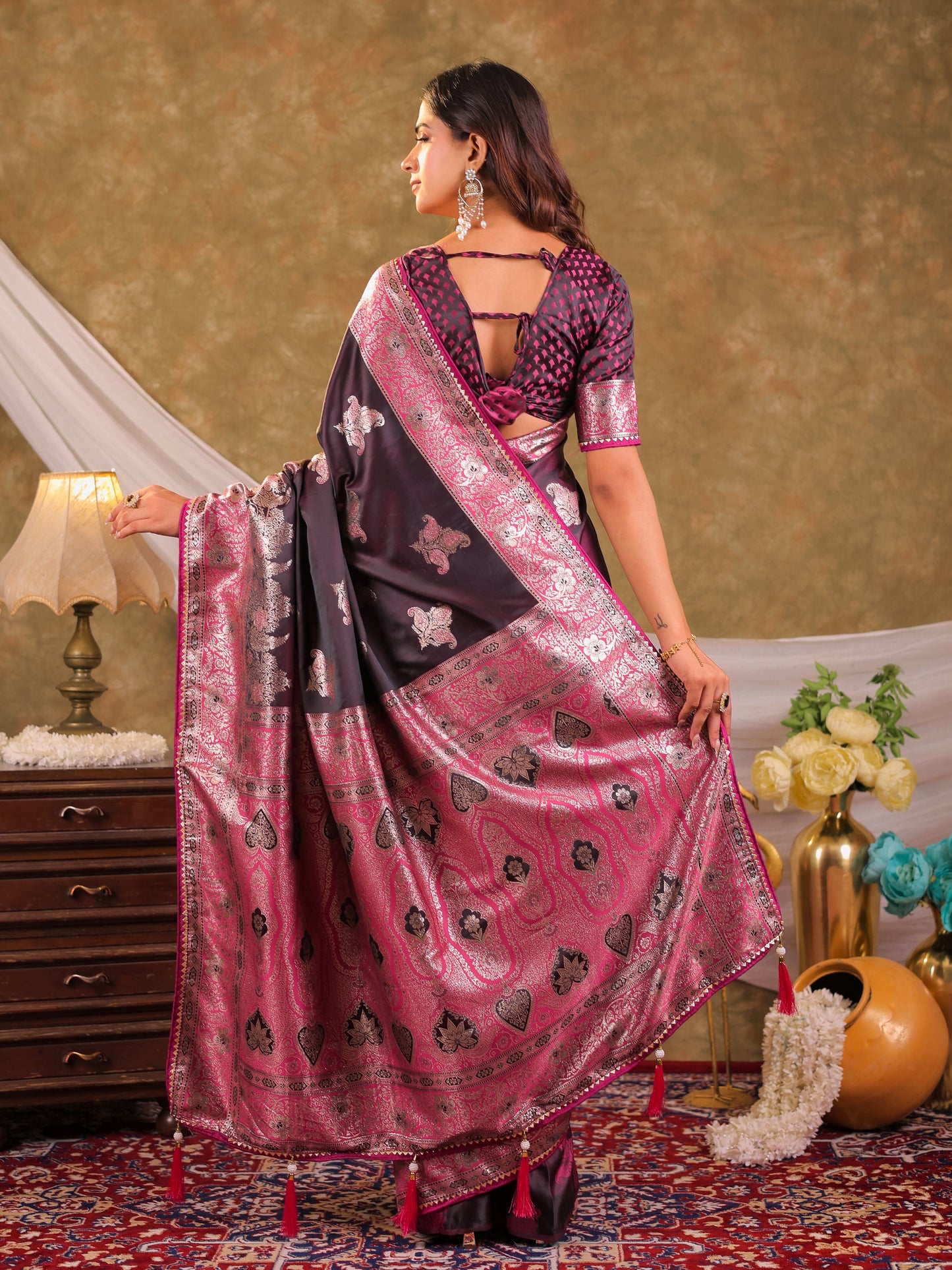 Wine Purple Kanjivaram Banarasi Satin Silk Saree with Rich Silver Zari Weaving, Heritage Pallu & Tassel Detailing