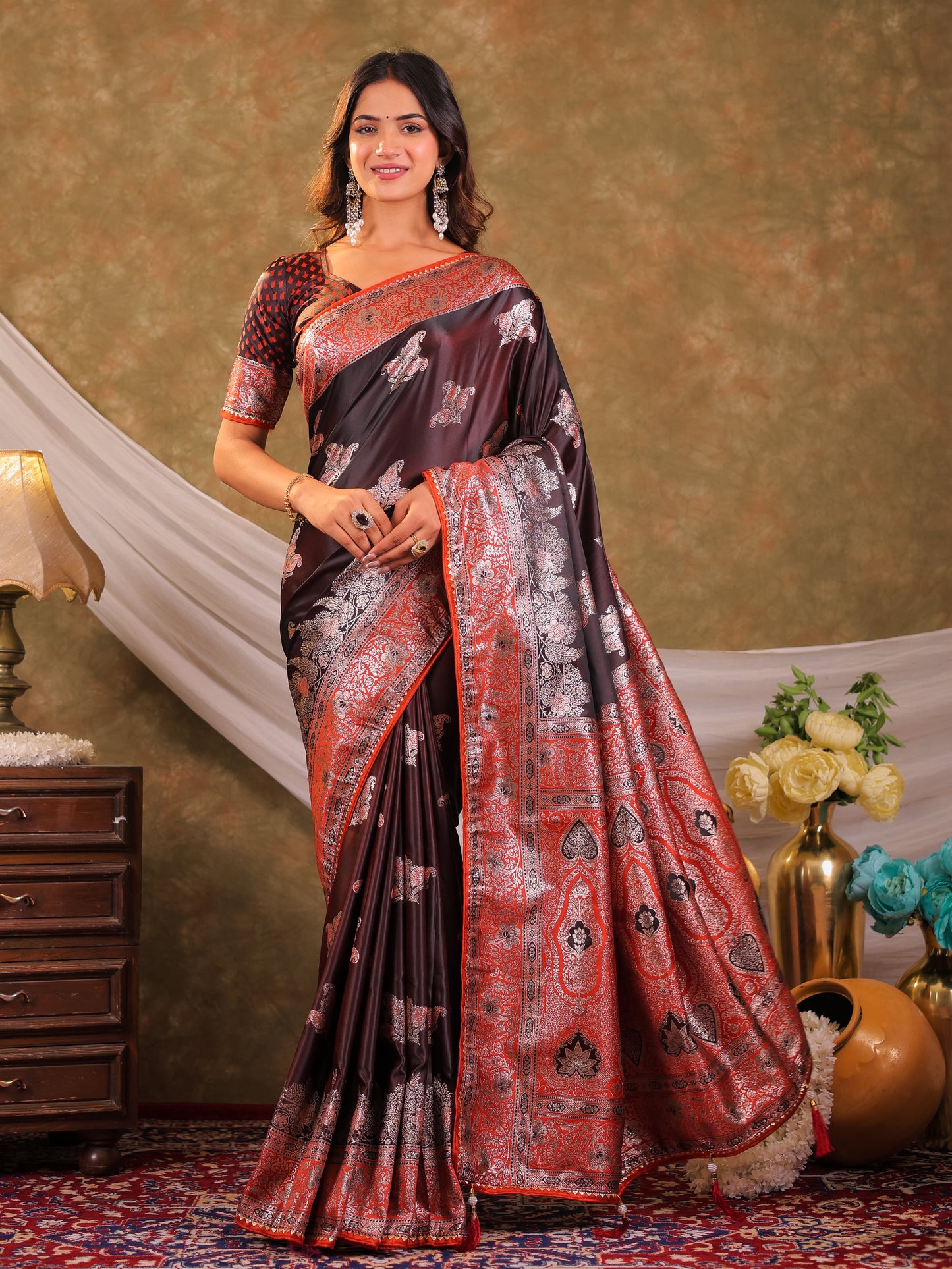 Chocolate Brown Kanjivaram Banarasi Satin Silk Saree with Rich Silver Zari Weaving, Designer Heritage Pallu & Tassel Detailing