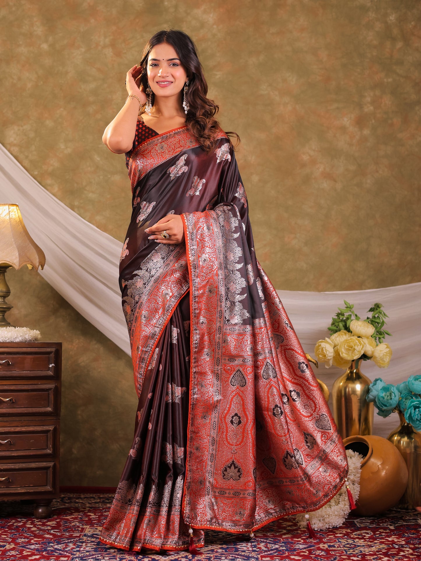 Chocolate Brown Kanjivaram Banarasi Satin Silk Saree with Rich Silver Zari Weaving, Designer Heritage Pallu & Tassel Detailing