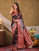 Chocolate Brown Kanjivaram Banarasi Satin Silk Saree with Rich Silver Zari Weaving, Designer Heritage Pallu & Tassel Detailing
