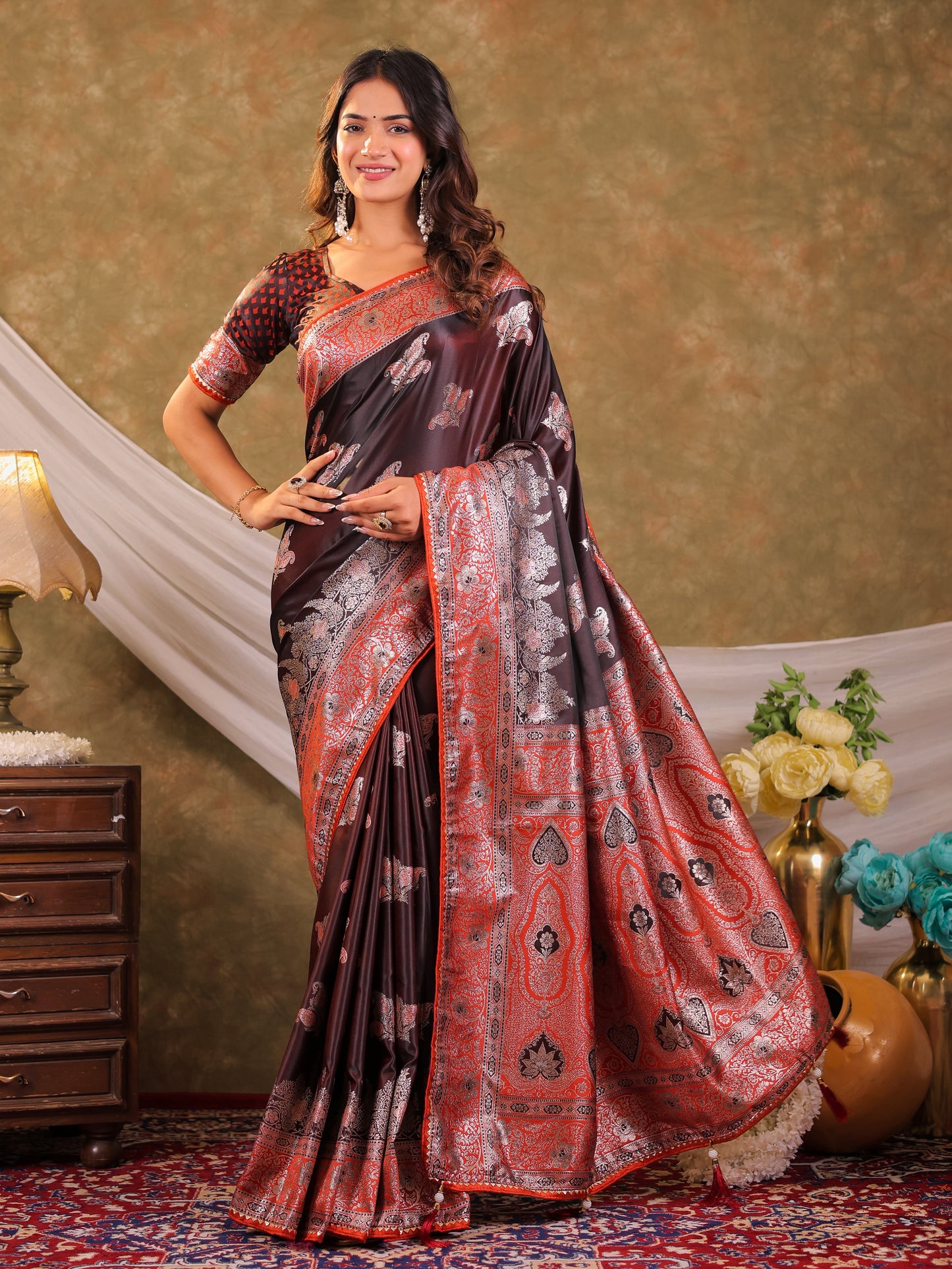 Chocolate Brown Kanjivaram Banarasi Satin Silk Saree with Rich Silver Zari Weaving, Designer Heritage Pallu & Tassel Detailing