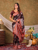 Chocolate Brown Kanjivaram Banarasi Satin Silk Saree with Rich Silver Zari Weaving, Designer Heritage Pallu & Tassel Detailing