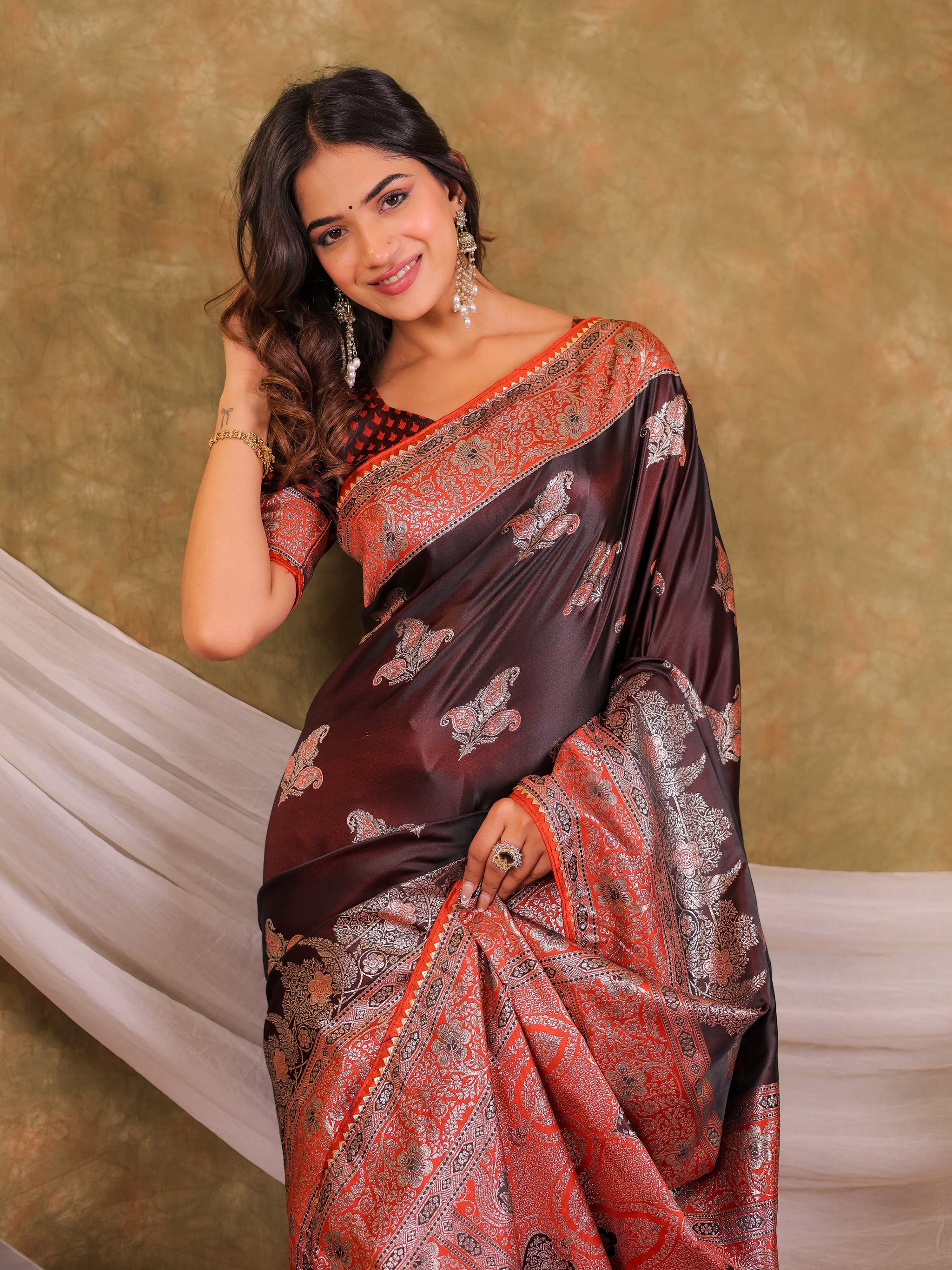 Chocolate Brown Kanjivaram Banarasi Satin Silk Saree with Rich Silver Zari Weaving, Designer Heritage Pallu & Tassel Detailing
