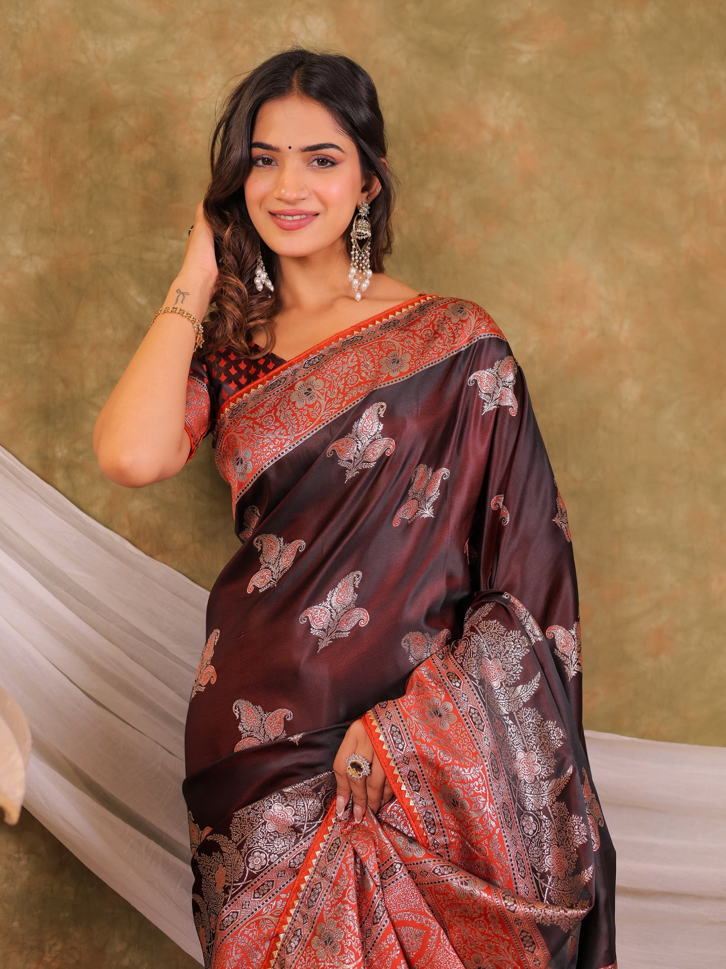 Chocolate Brown Kanjivaram Banarasi Satin Silk Saree with Rich Silver Zari Weaving, Designer Heritage Pallu & Tassel Detailing
