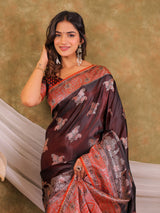 Chocolate Brown Kanjivaram Banarasi Satin Silk Saree with Rich Silver Zari Weaving, Designer Heritage Pallu & Tassel Detailing