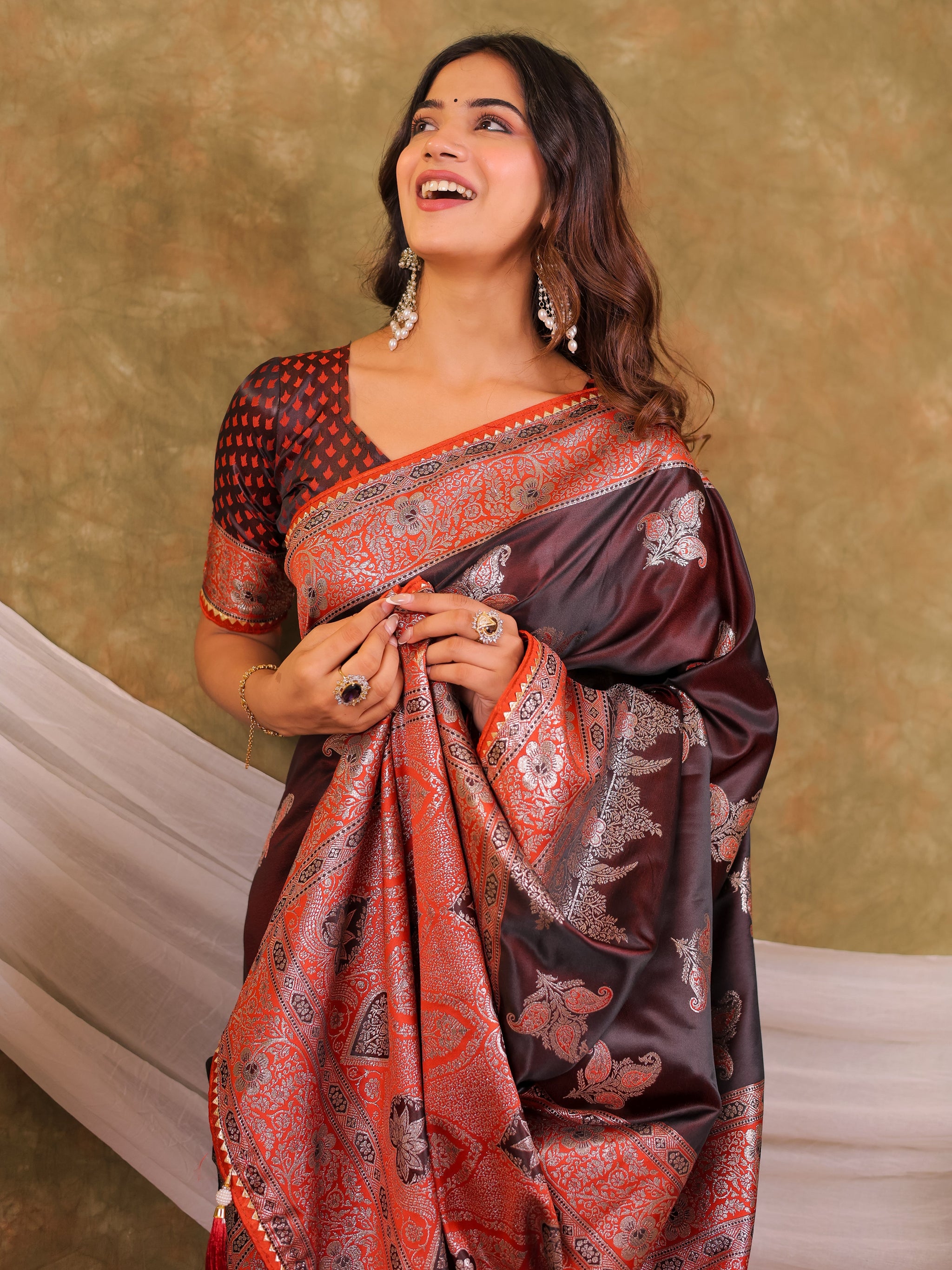 Chocolate Brown Kanjivaram Banarasi Satin Silk Saree with Rich Silver Zari Weaving, Designer Heritage Pallu & Tassel Detailing