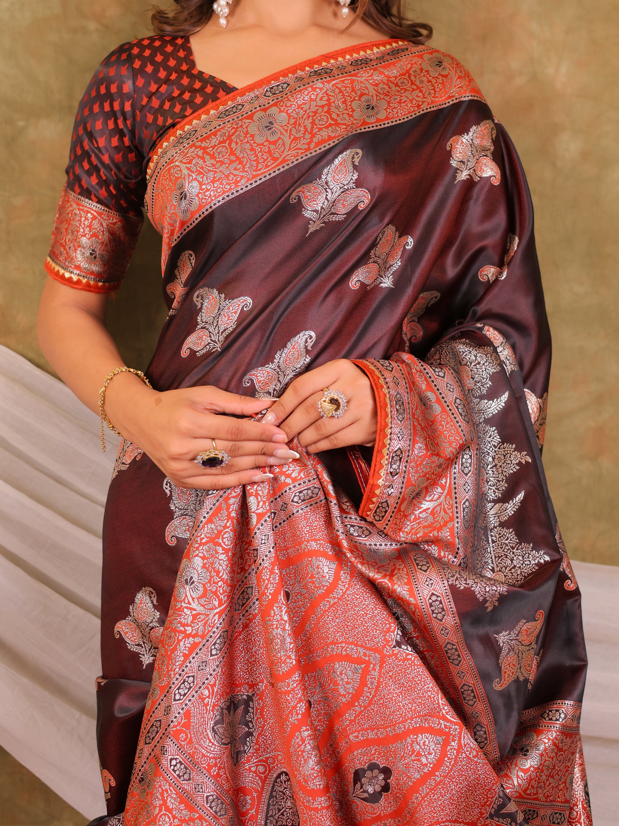 Chocolate Brown Kanjivaram Banarasi Satin Silk Saree with Rich Silver Zari Weaving, Designer Heritage Pallu & Tassel Detailing
