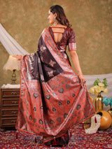 Chocolate Brown Kanjivaram Banarasi Satin Silk Saree with Rich Silver Zari Weaving, Designer Heritage Pallu & Tassel Detailing