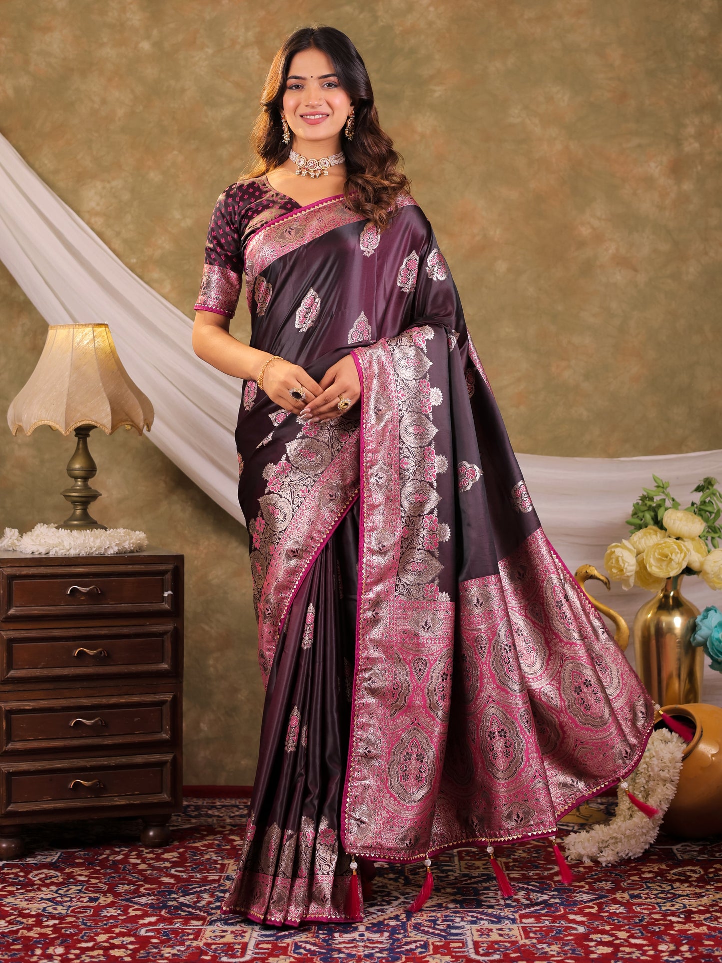 Wine Purple Kanjivaram Banarasi Satin Silk Saree with Rich Silver Zari Weaving, Royal Heritage Pallu & Tassel Detailing