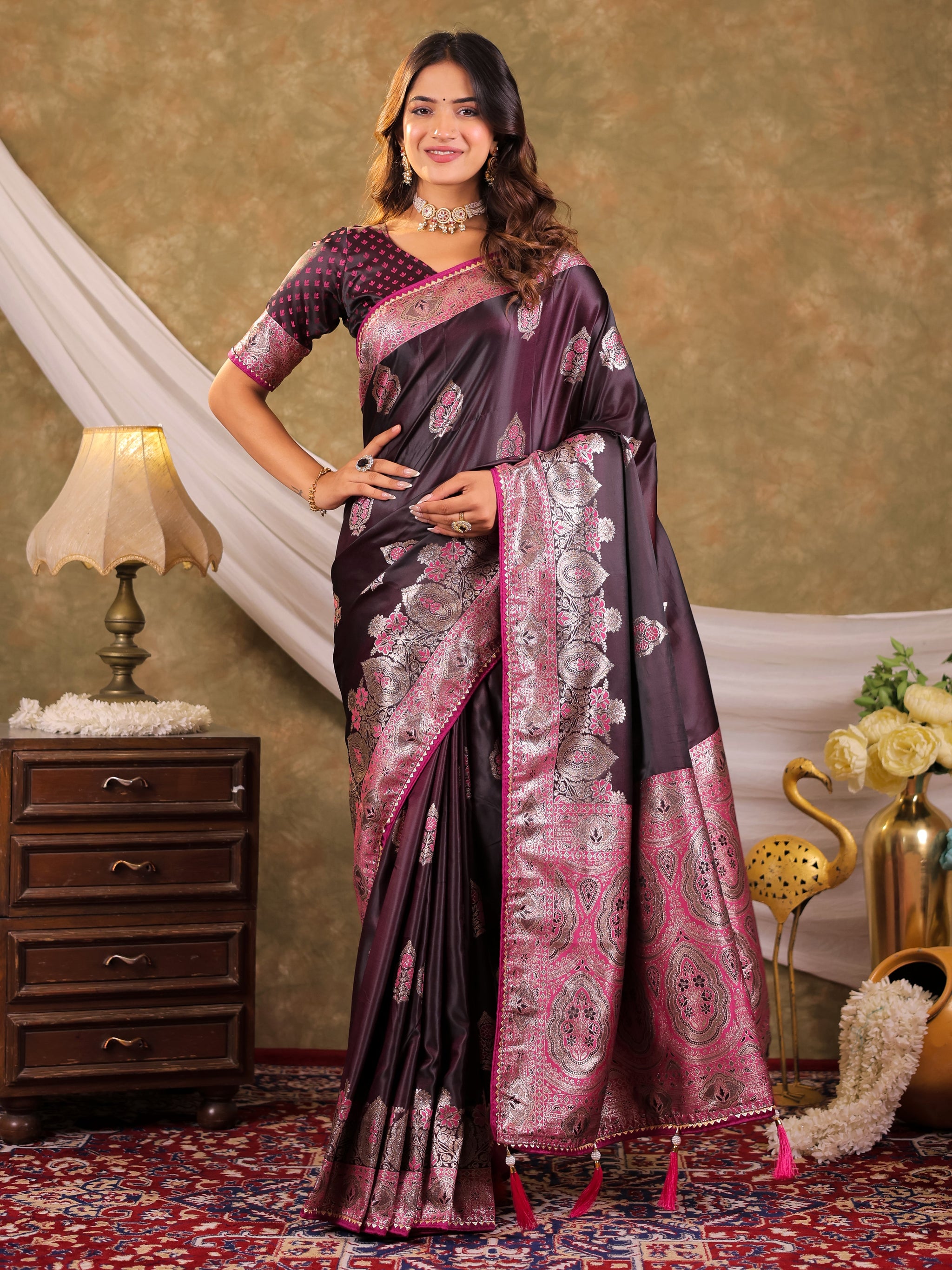 Wine Purple Kanjivaram Banarasi Satin Silk Saree with Rich Silver Zari Weaving, Royal Heritage Pallu & Tassel Detailing
