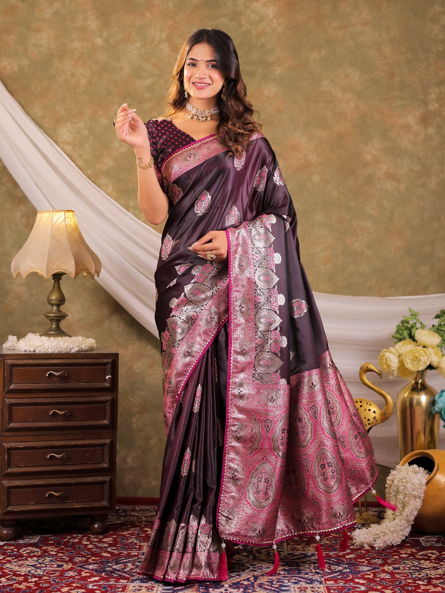 Wine Purple Kanjivaram Banarasi Satin Silk Saree with Rich Silver Zari Weaving, Royal Heritage Pallu & Tassel Detailing