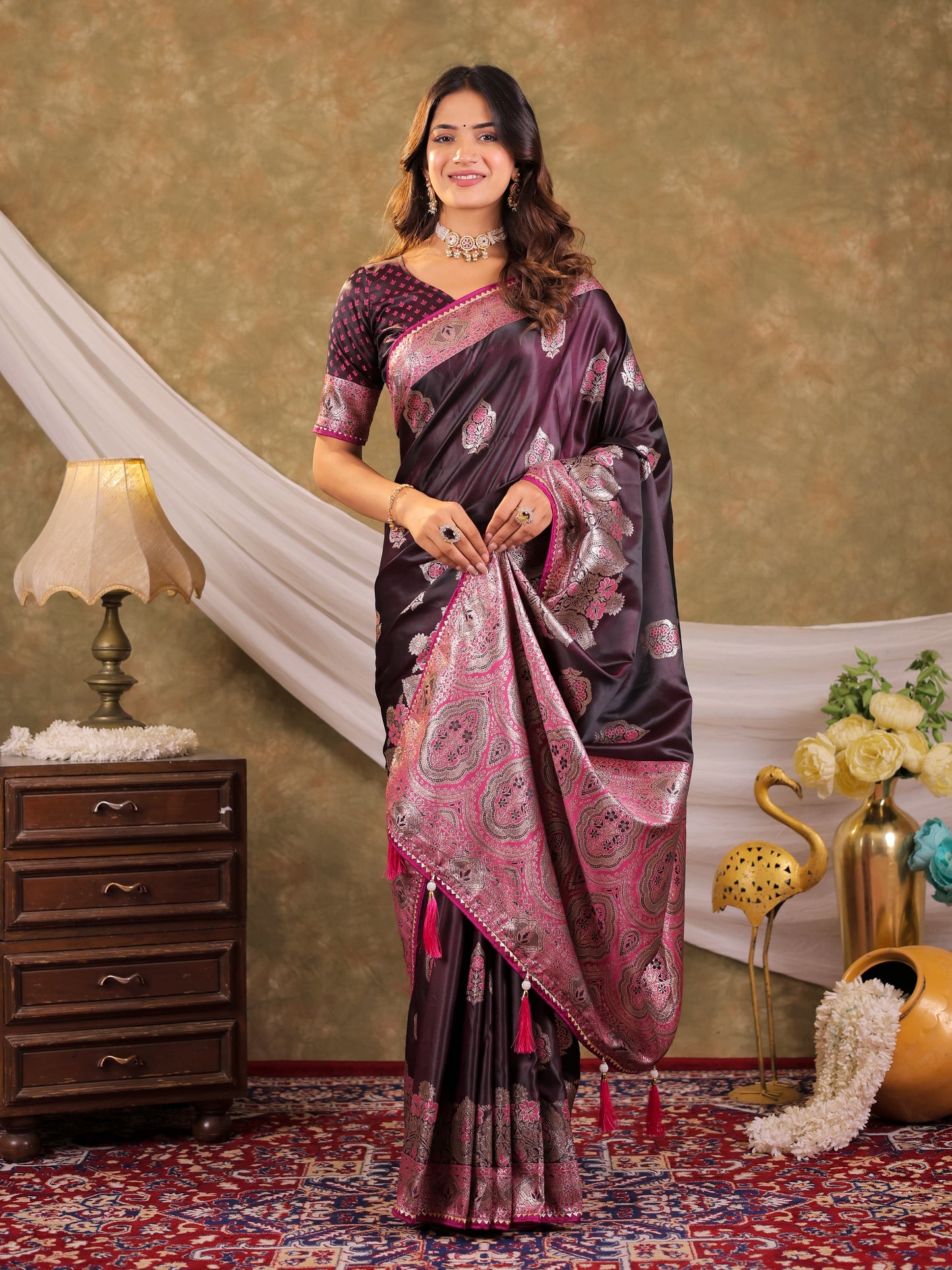 Wine Purple Kanjivaram Banarasi Satin Silk Saree with Rich Silver Zari Weaving, Royal Heritage Pallu & Tassel Detailing