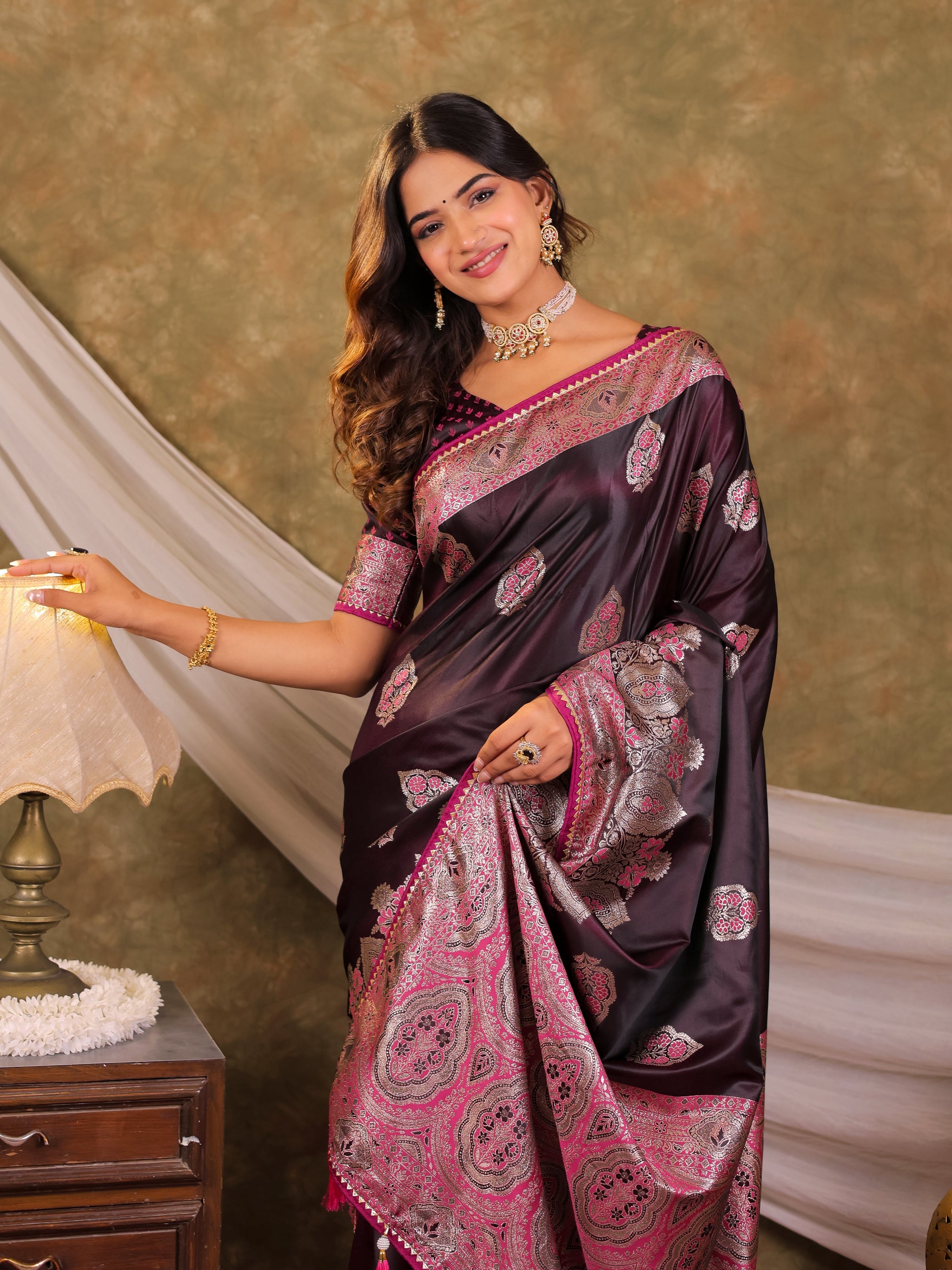 Wine Purple Kanjivaram Banarasi Satin Silk Saree with Rich Silver Zari Weaving, Royal Heritage Pallu & Tassel Detailing