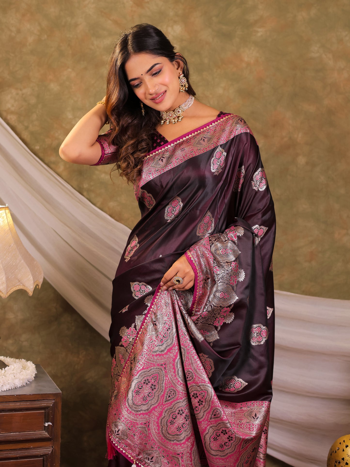 Wine Purple Kanjivaram Banarasi Satin Silk Saree with Rich Silver Zari Weaving, Royal Heritage Pallu & Tassel Detailing