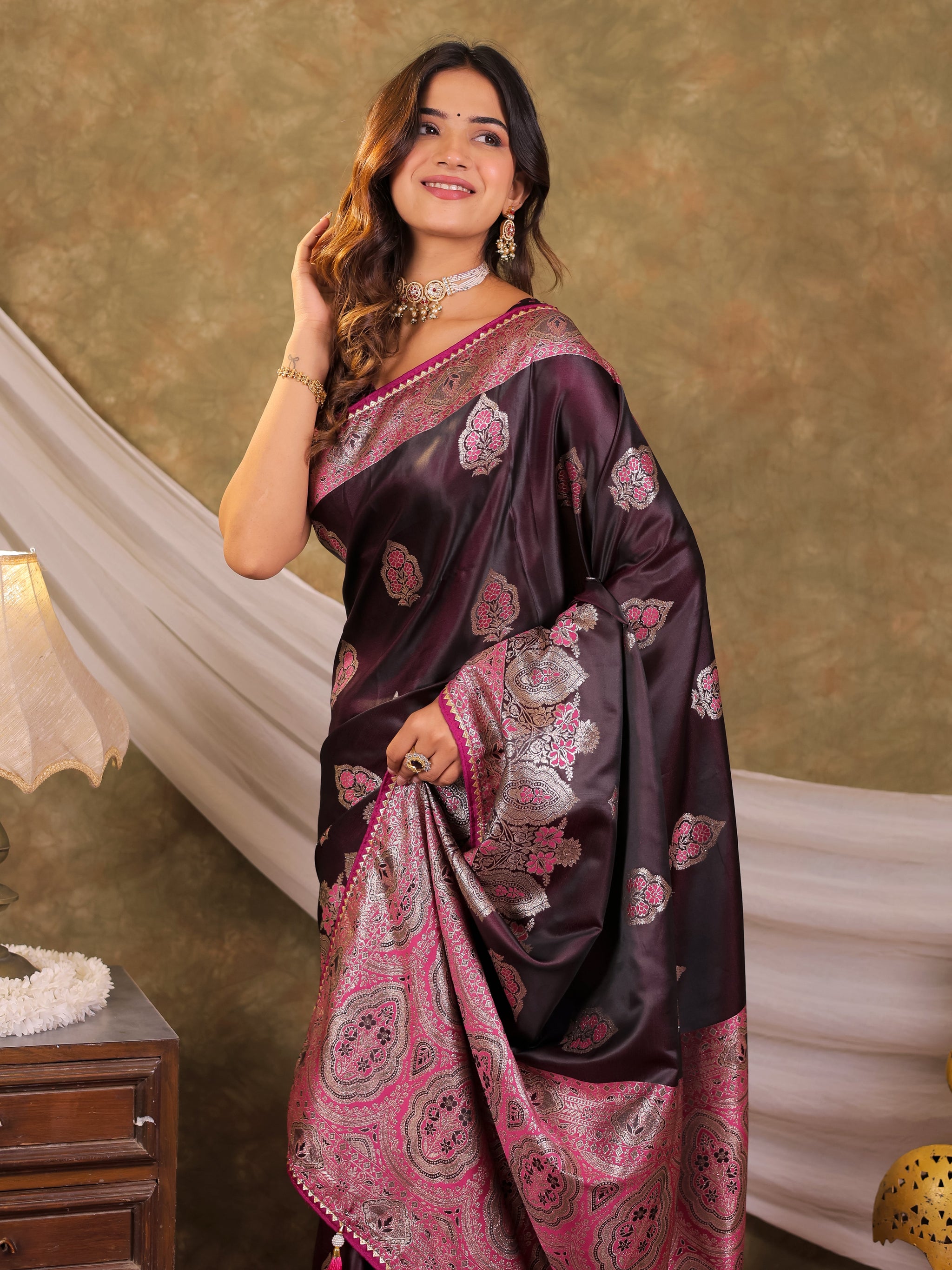 Wine Purple Kanjivaram Banarasi Satin Silk Saree with Rich Silver Zari Weaving, Royal Heritage Pallu & Tassel Detailing