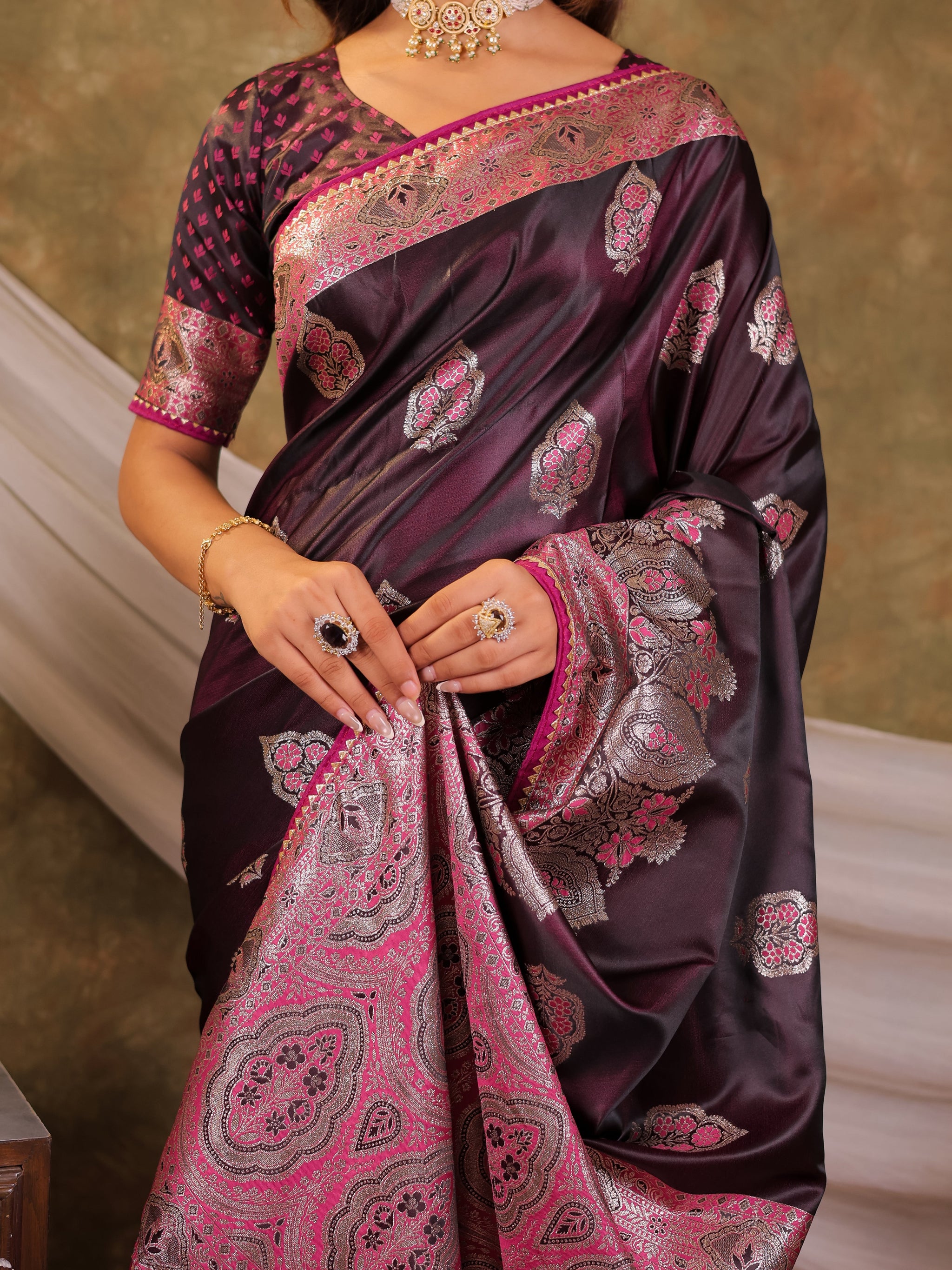 Wine Purple Kanjivaram Banarasi Satin Silk Saree with Rich Silver Zari Weaving, Royal Heritage Pallu & Tassel Detailing