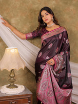 Wine Purple Kanjivaram Banarasi Satin Silk Saree with Rich Silver Zari Weaving, Royal Heritage Pallu & Tassel Detailing