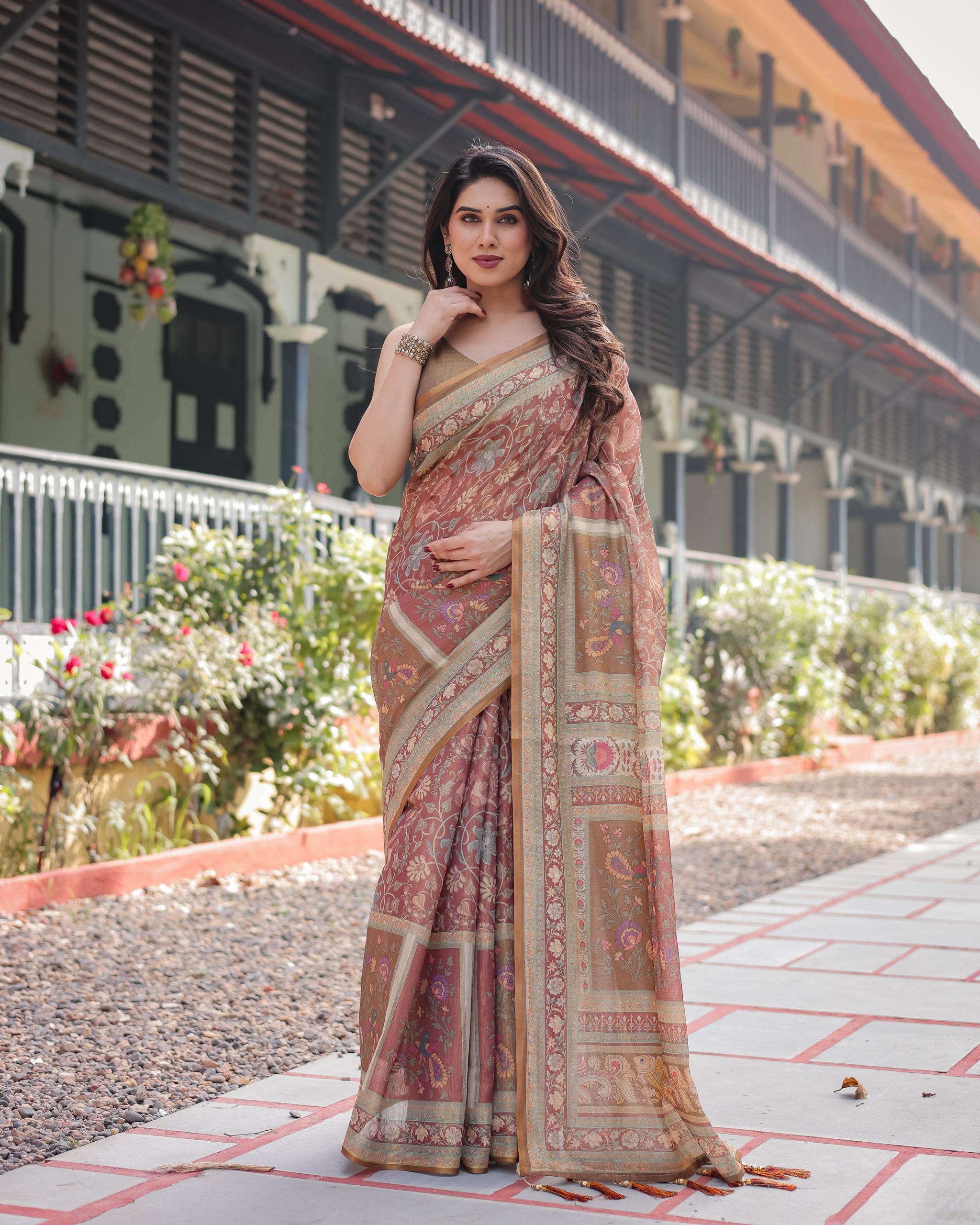 Rust and Gold Handloom Cotton-Linen Saree with Floral Motifs and Rich Zari Border