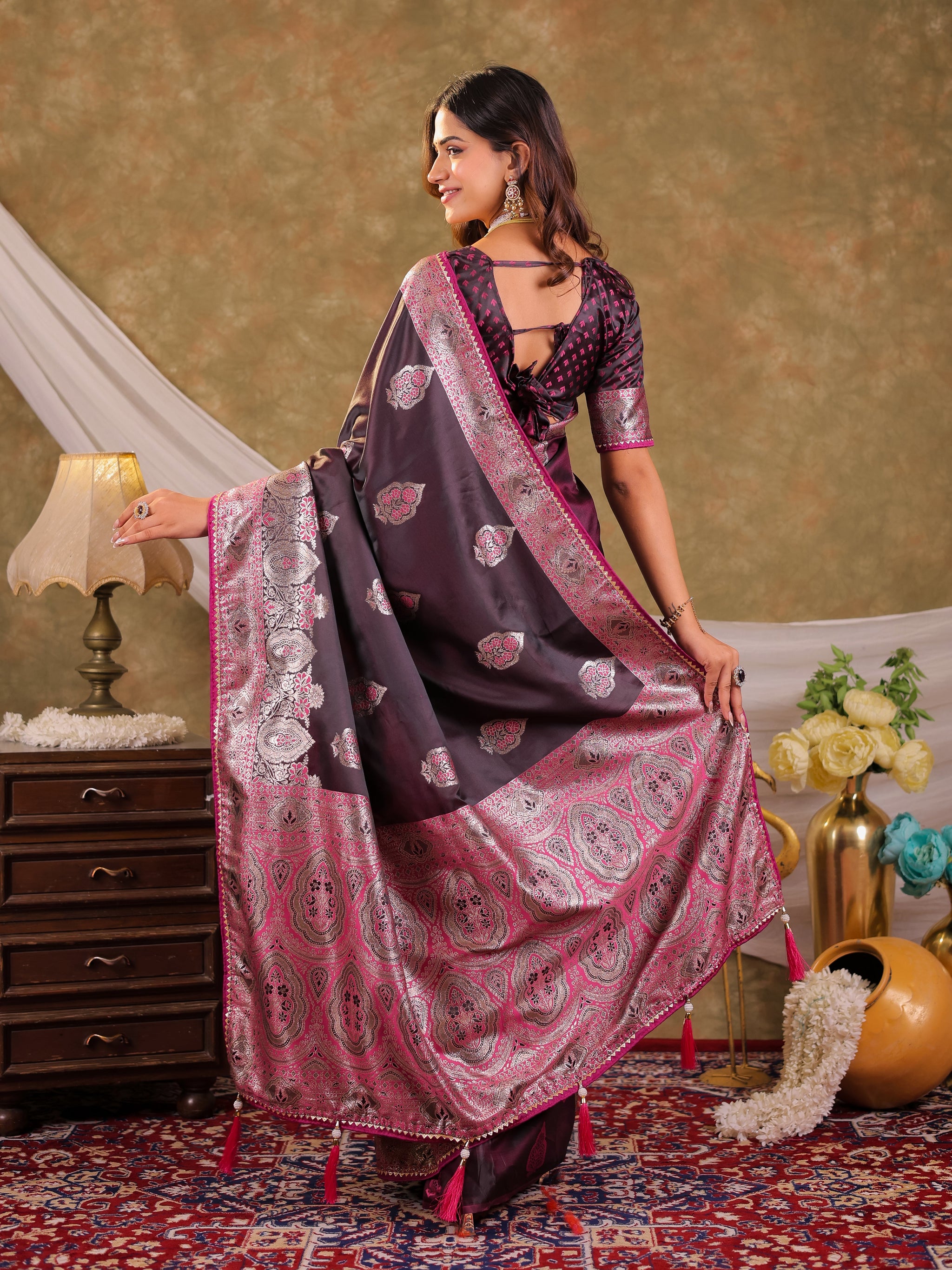 Wine Purple Kanjivaram Banarasi Satin Silk Saree with Rich Silver Zari Weaving, Royal Heritage Pallu & Tassel Detailing