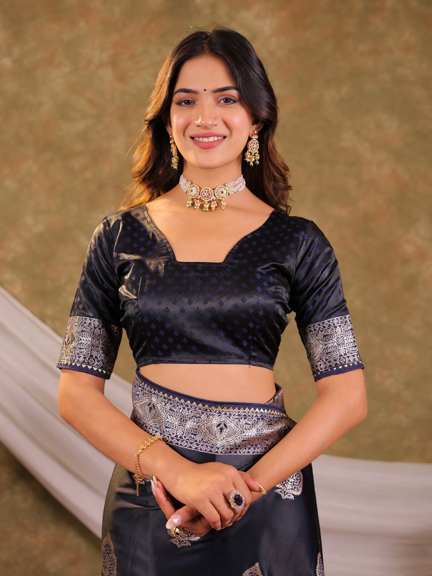 Dark Navy Blue Kanjivaram Banarasi Satin Silk Saree with Rich Silver Zari Weaving, Royal Heritage Pallu & Tassel Detailing