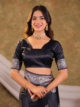 Dark Navy Blue Kanjivaram Banarasi Satin Silk Saree with Rich Silver Zari Weaving, Royal Heritage Pallu & Tassel Detailing