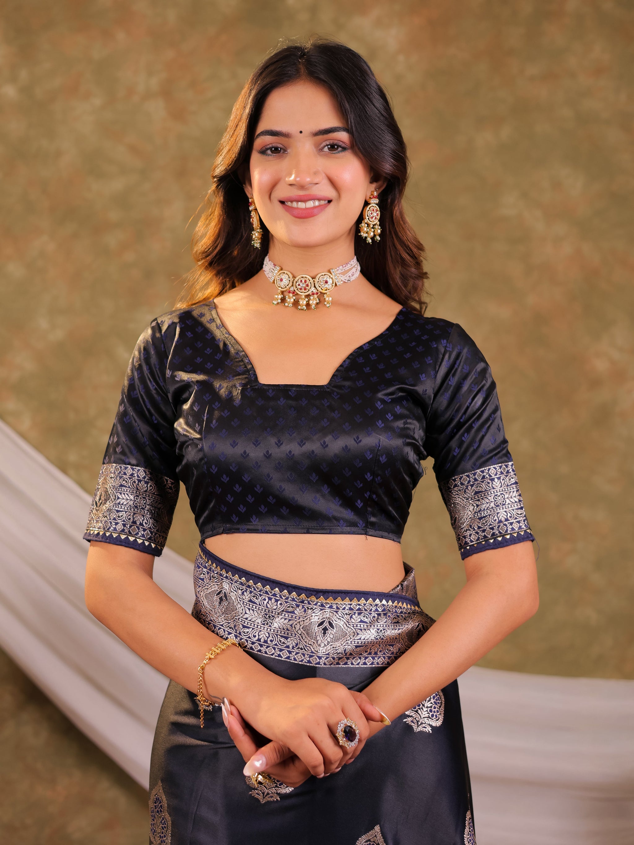 Dark Navy Blue Kanjivaram Banarasi Satin Silk Saree with Rich Silver Zari Weaving, Royal Heritage Pallu & Tassel Detailing