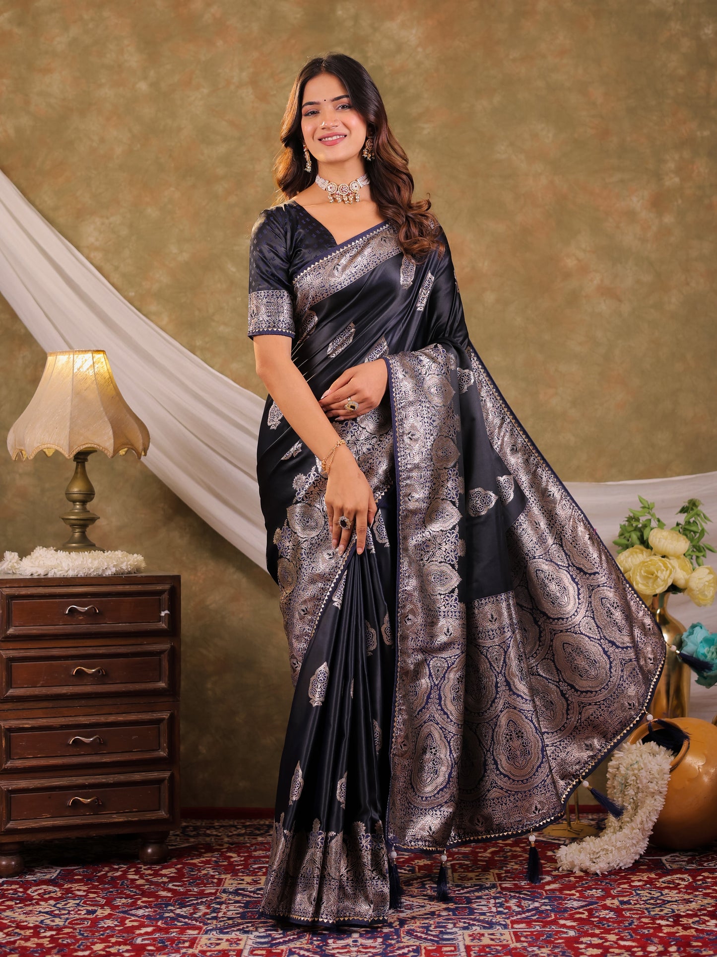 Dark Navy Blue Kanjivaram Banarasi Satin Silk Saree with Rich Silver Zari Weaving, Royal Heritage Pallu & Tassel Detailing