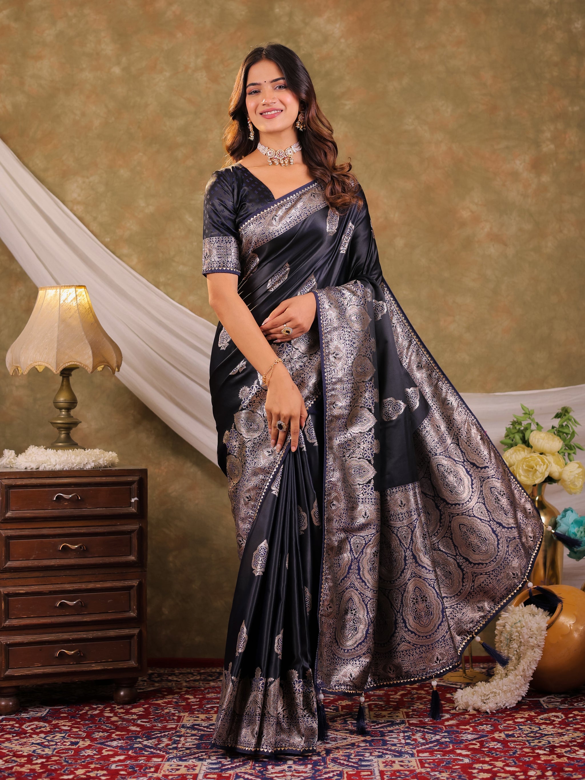 Dark Navy Blue Kanjivaram Banarasi Satin Silk Saree with Rich Silver Zari Weaving, Royal Heritage Pallu & Tassel Detailing