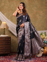 Dark Navy Blue Kanjivaram Banarasi Satin Silk Saree with Rich Silver Zari Weaving, Royal Heritage Pallu & Tassel Detailing