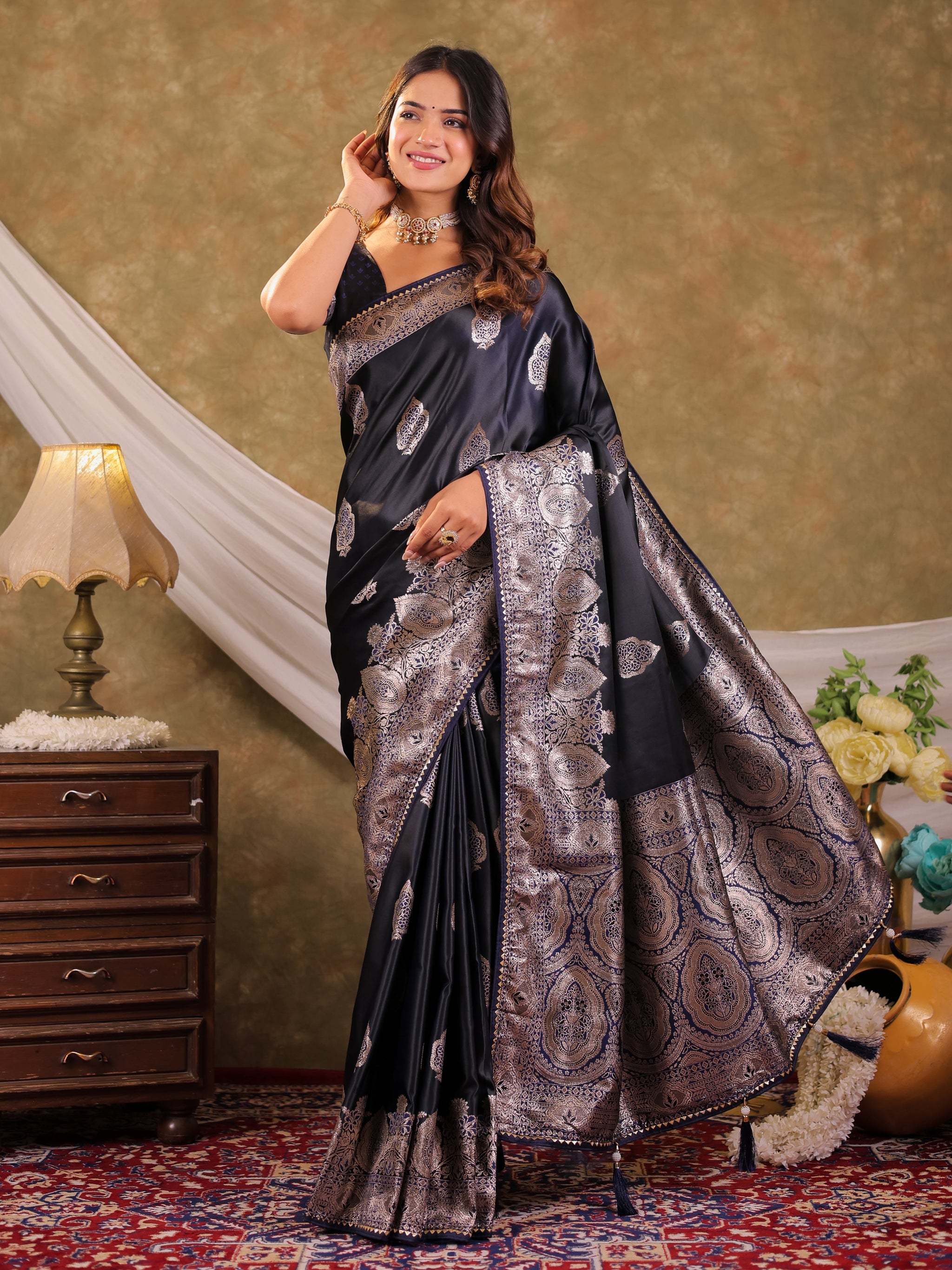 Dark Navy Blue Kanjivaram Banarasi Satin Silk Saree with Rich Silver Zari Weaving, Royal Heritage Pallu & Tassel Detailing