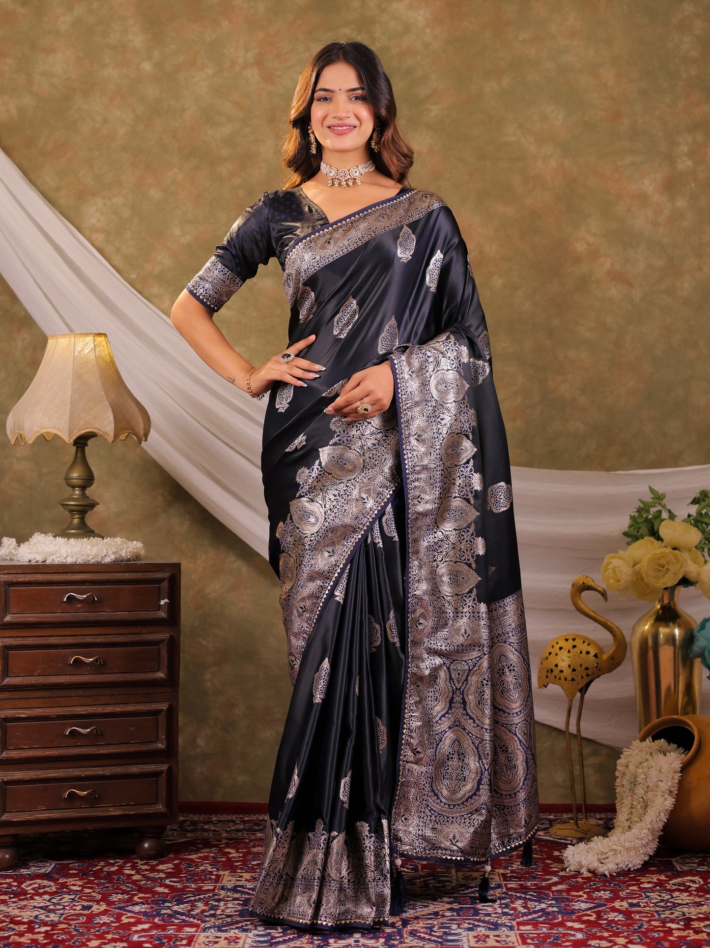 Dark Navy Blue Kanjivaram Banarasi Satin Silk Saree with Rich Silver Zari Weaving, Royal Heritage Pallu & Tassel Detailing