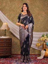 Dark Navy Blue Kanjivaram Banarasi Satin Silk Saree with Rich Silver Zari Weaving, Royal Heritage Pallu & Tassel Detailing