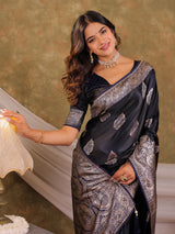 Dark Navy Blue Kanjivaram Banarasi Satin Silk Saree with Rich Silver Zari Weaving, Royal Heritage Pallu & Tassel Detailing