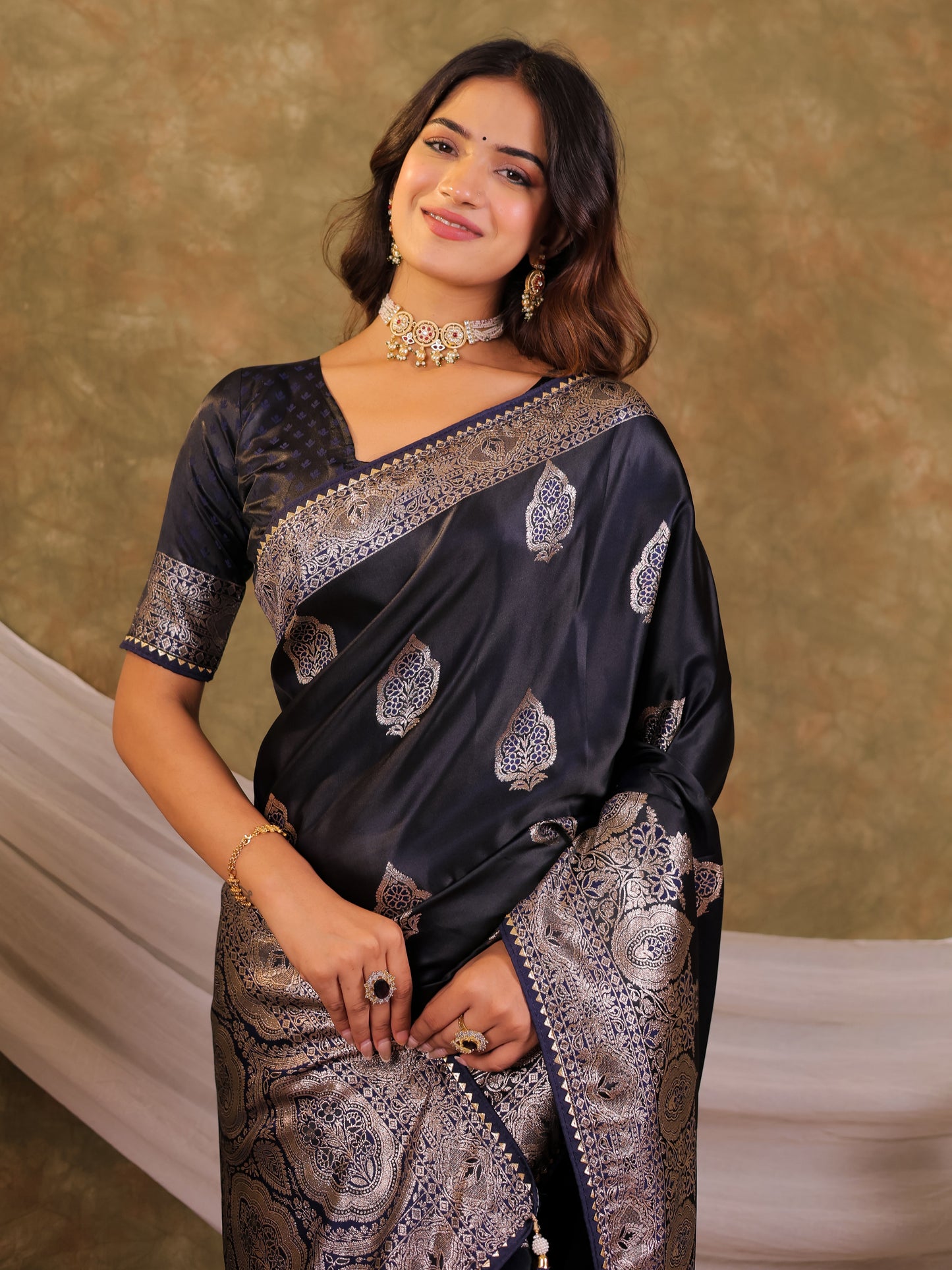 Dark Navy Blue Kanjivaram Banarasi Satin Silk Saree with Rich Silver Zari Weaving, Royal Heritage Pallu & Tassel Detailing