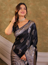 Dark Navy Blue Kanjivaram Banarasi Satin Silk Saree with Rich Silver Zari Weaving, Royal Heritage Pallu & Tassel Detailing