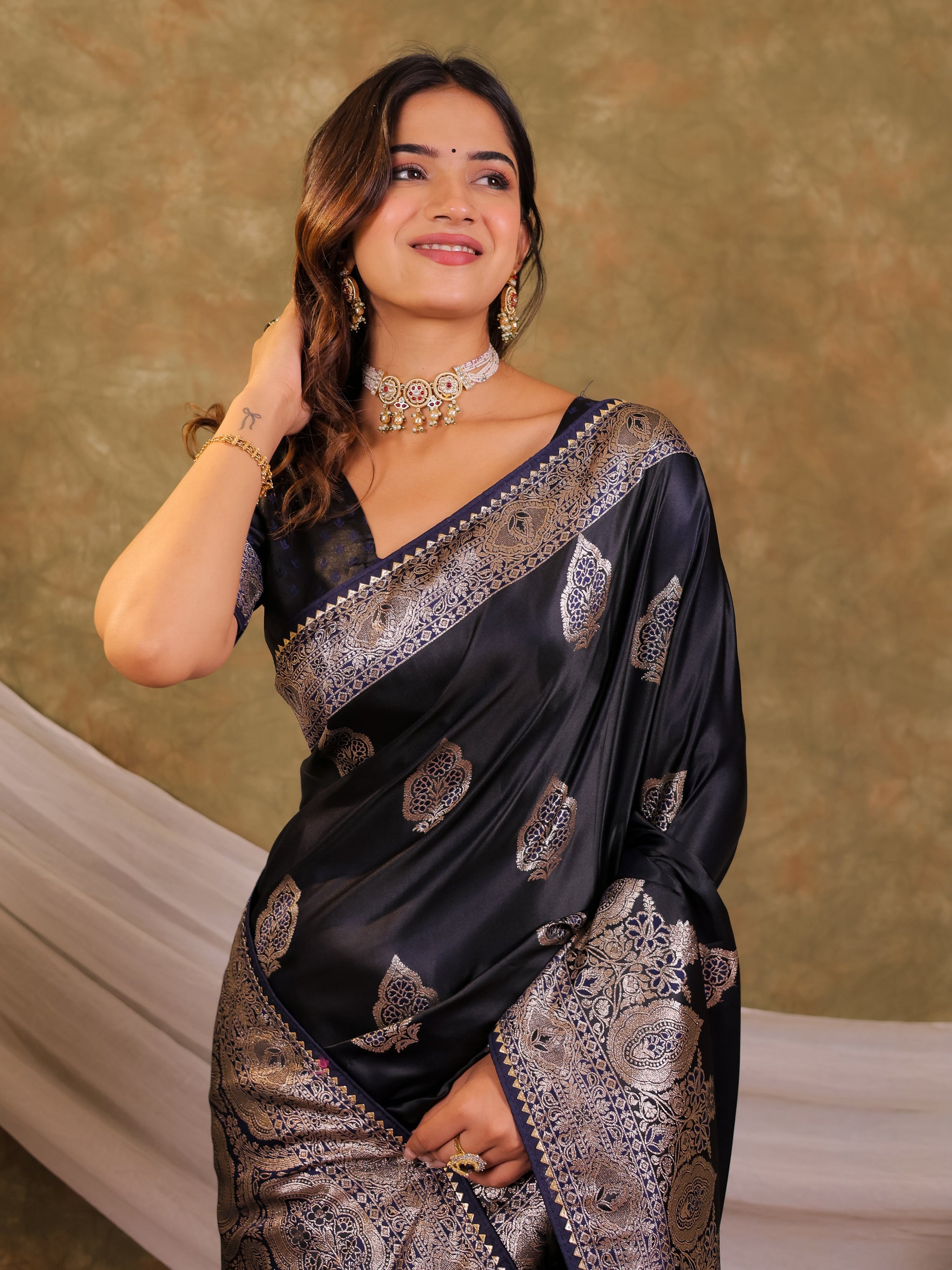 Dark Navy Blue Kanjivaram Banarasi Satin Silk Saree with Rich Silver Zari Weaving, Royal Heritage Pallu & Tassel Detailing