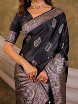 Dark Navy Blue Kanjivaram Banarasi Satin Silk Saree with Rich Silver Zari Weaving, Royal Heritage Pallu & Tassel Detailing