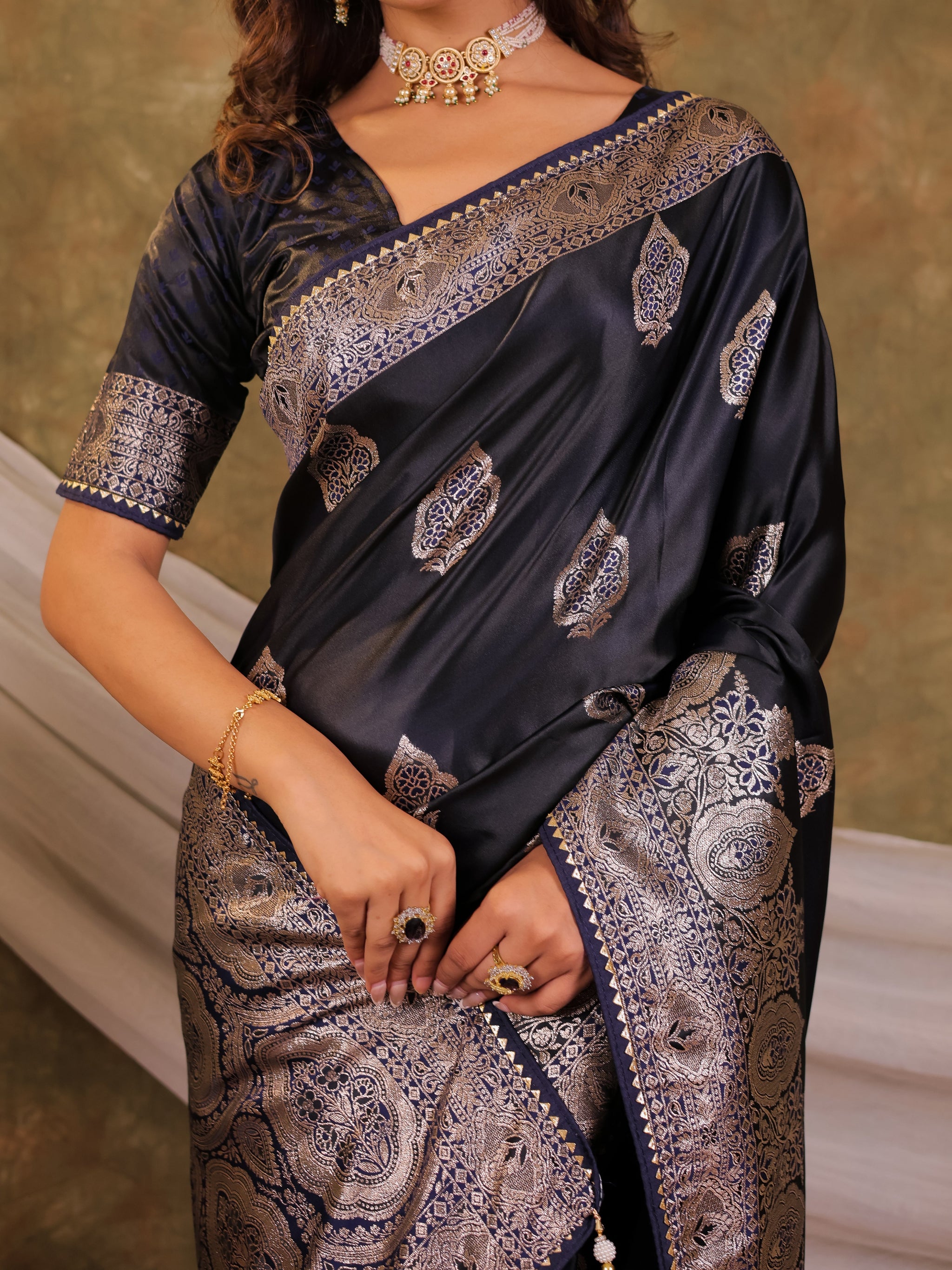 Dark Navy Blue Kanjivaram Banarasi Satin Silk Saree with Rich Silver Zari Weaving, Royal Heritage Pallu & Tassel Detailing