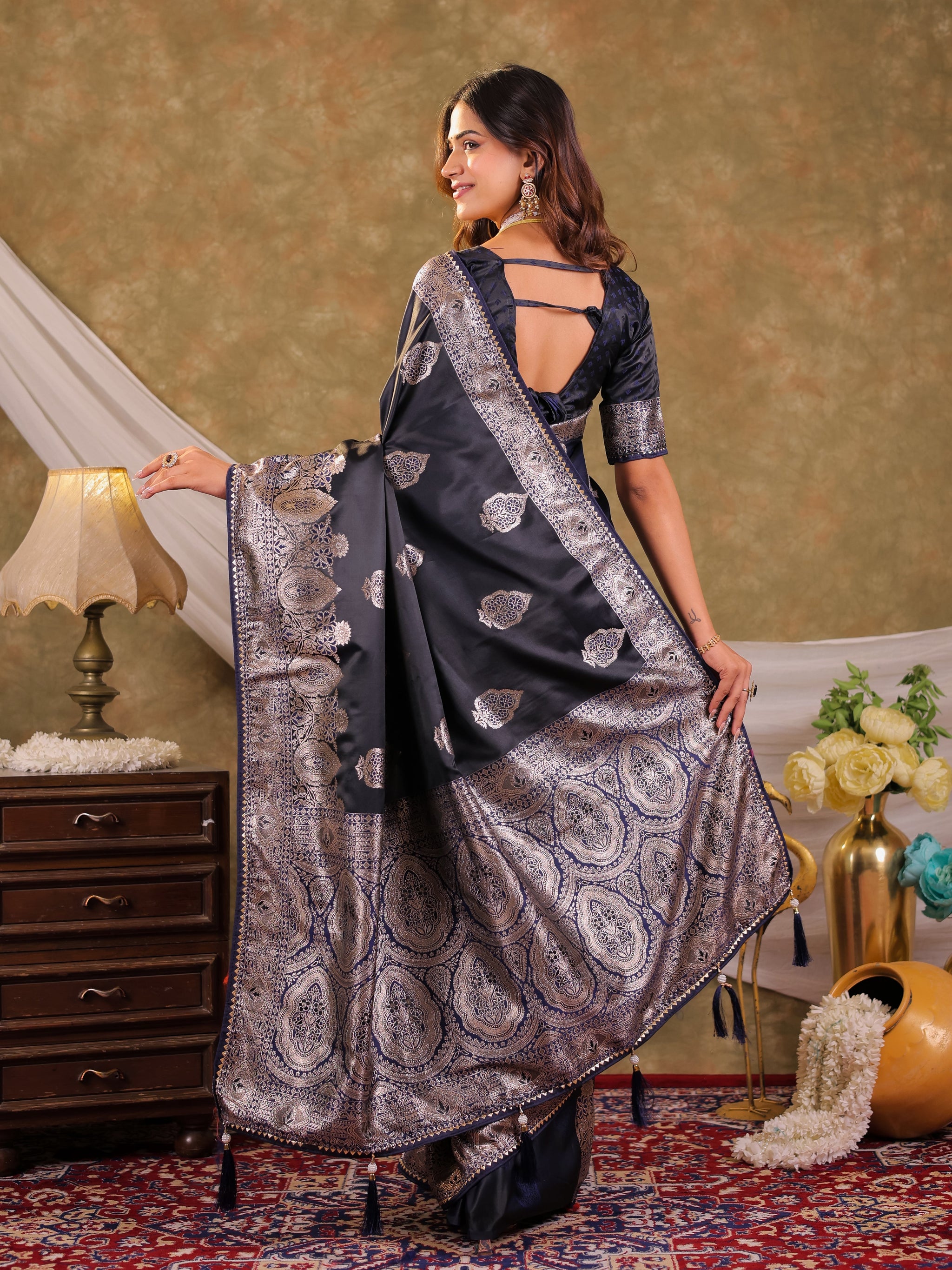 Dark Navy Blue Kanjivaram Banarasi Satin Silk Saree with Rich Silver Zari Weaving, Royal Heritage Pallu & Tassel Detailing