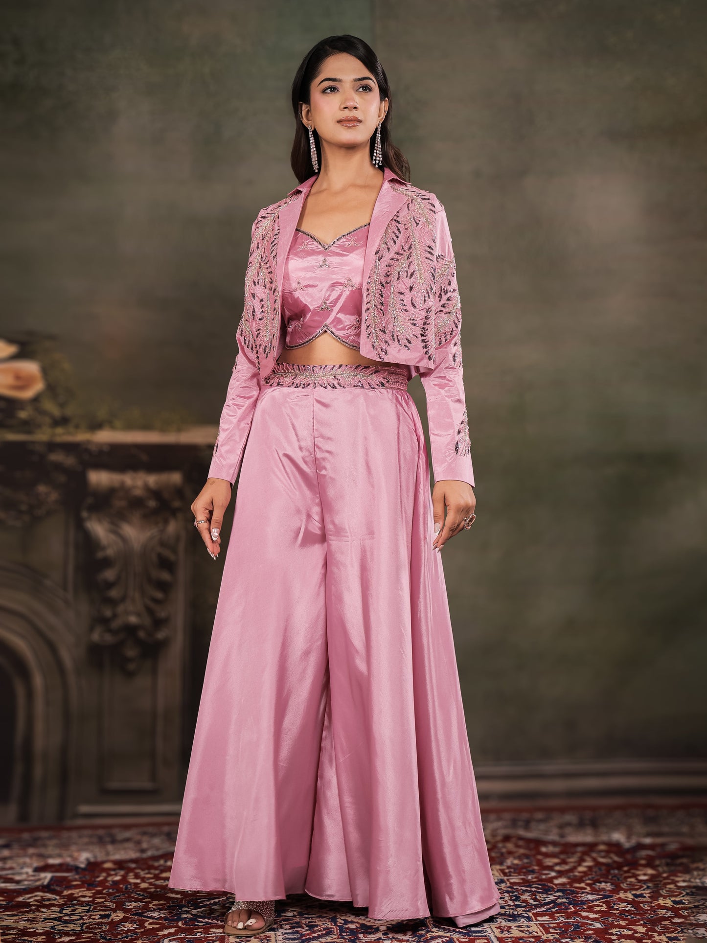 Rose Pink Satin Co-Ord Set with Embroidered Crop Top, Designer Jacket & Wide-Leg Palazzo