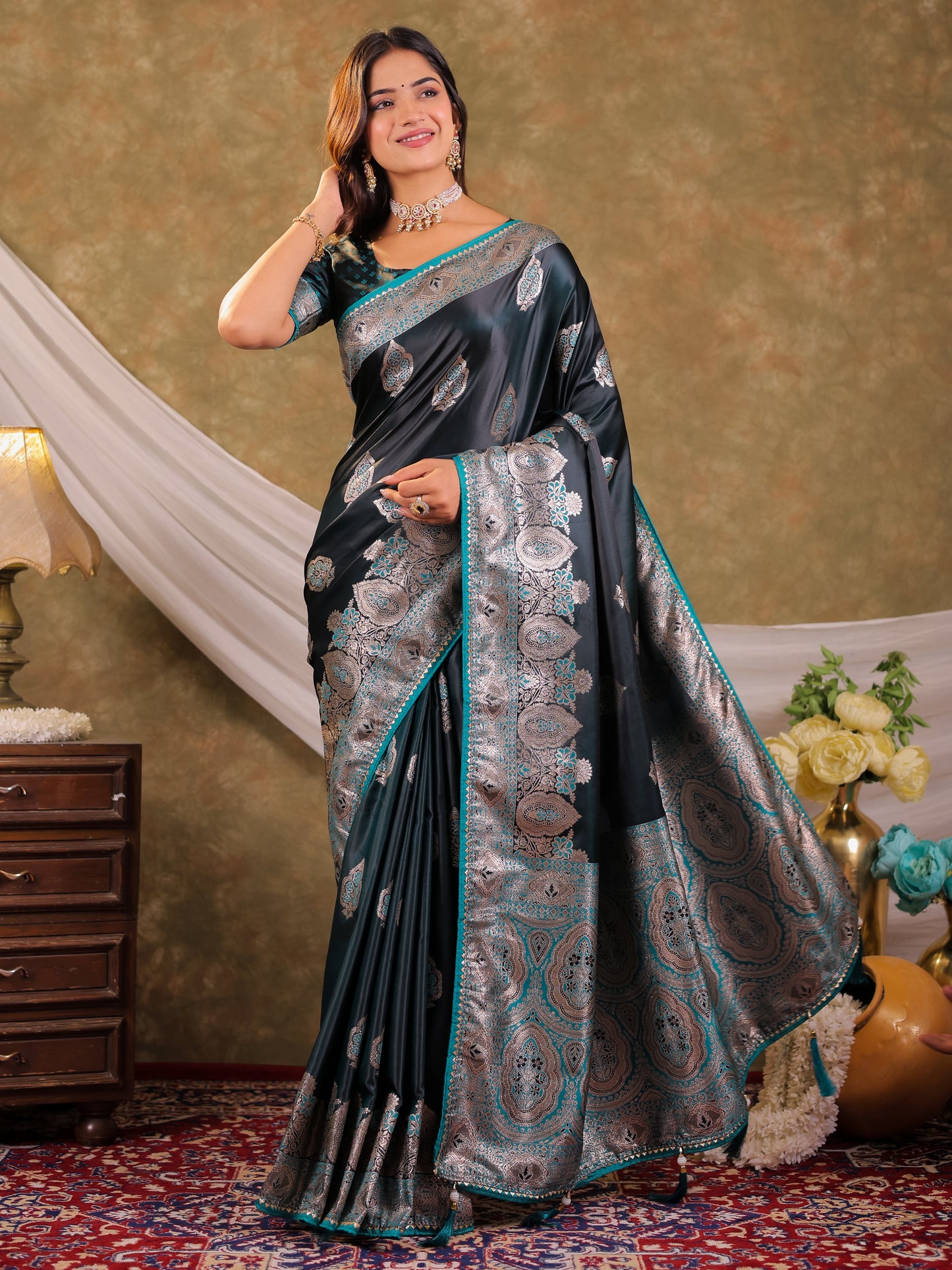 Dark Teal Green Kanjivaram Banarasi Satin Silk Saree with Rich Silver Zari Weaving, Royal Heritage Pallu & Tassel Detailing