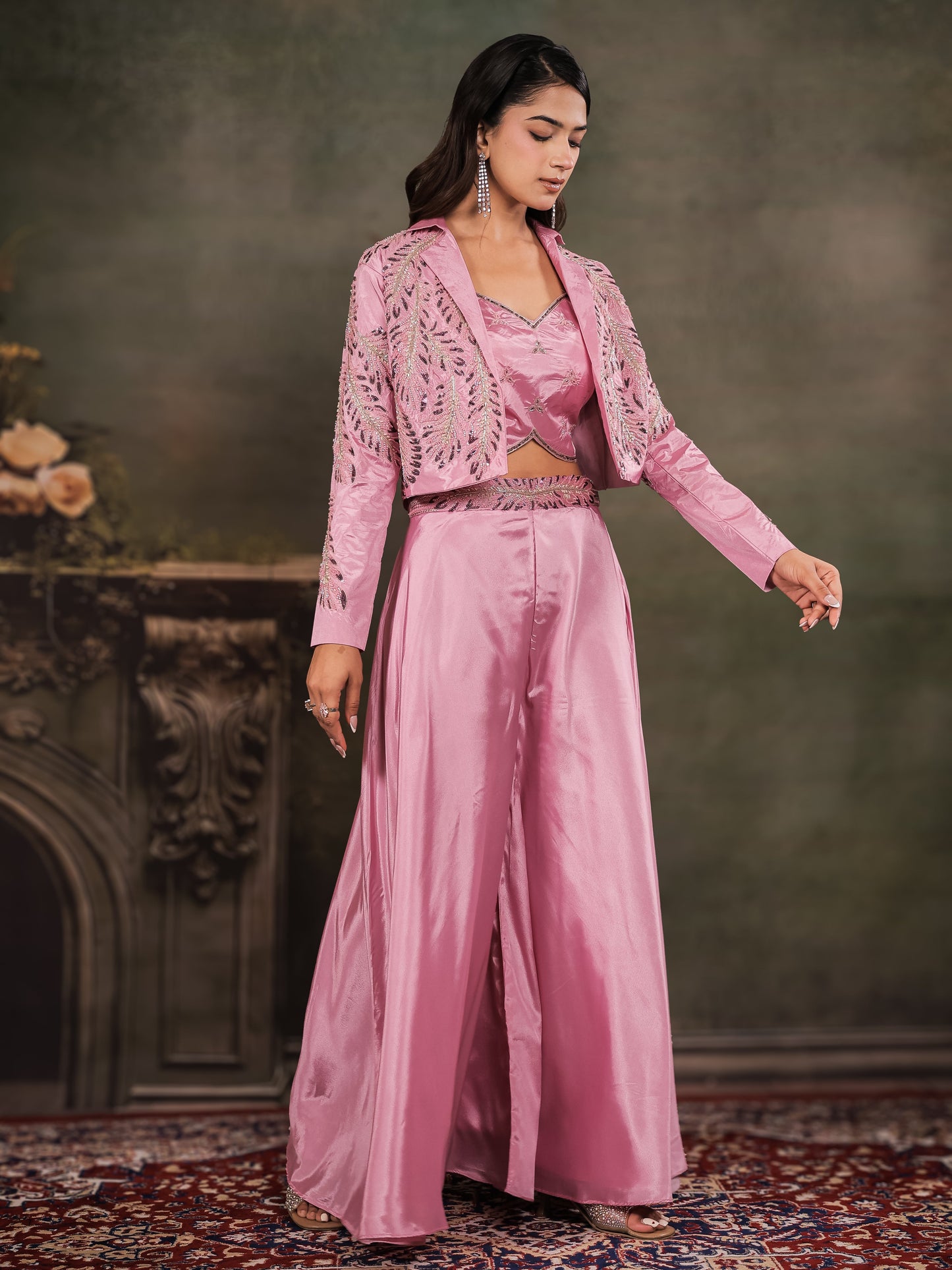 Rose Pink Satin Co-Ord Set with Embroidered Crop Top, Designer Jacket & Wide-Leg Palazzo