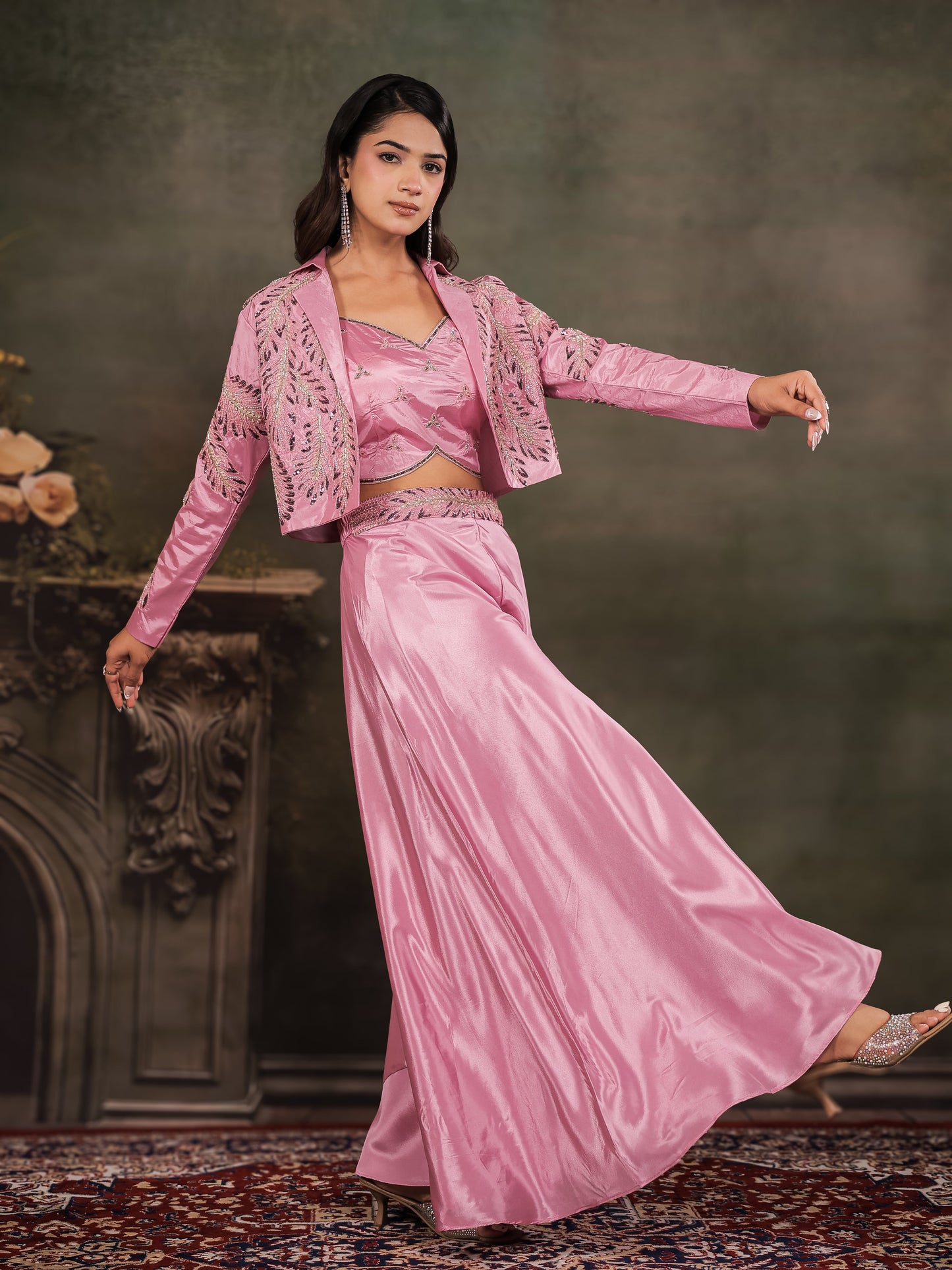 Rose Pink Satin Co-Ord Set with Embroidered Crop Top, Designer Jacket & Wide-Leg Palazzo