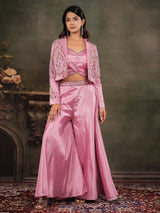 Rose Pink Satin Co-Ord Set with Embroidered Crop Top, Designer Jacket & Wide-Leg Palazzo