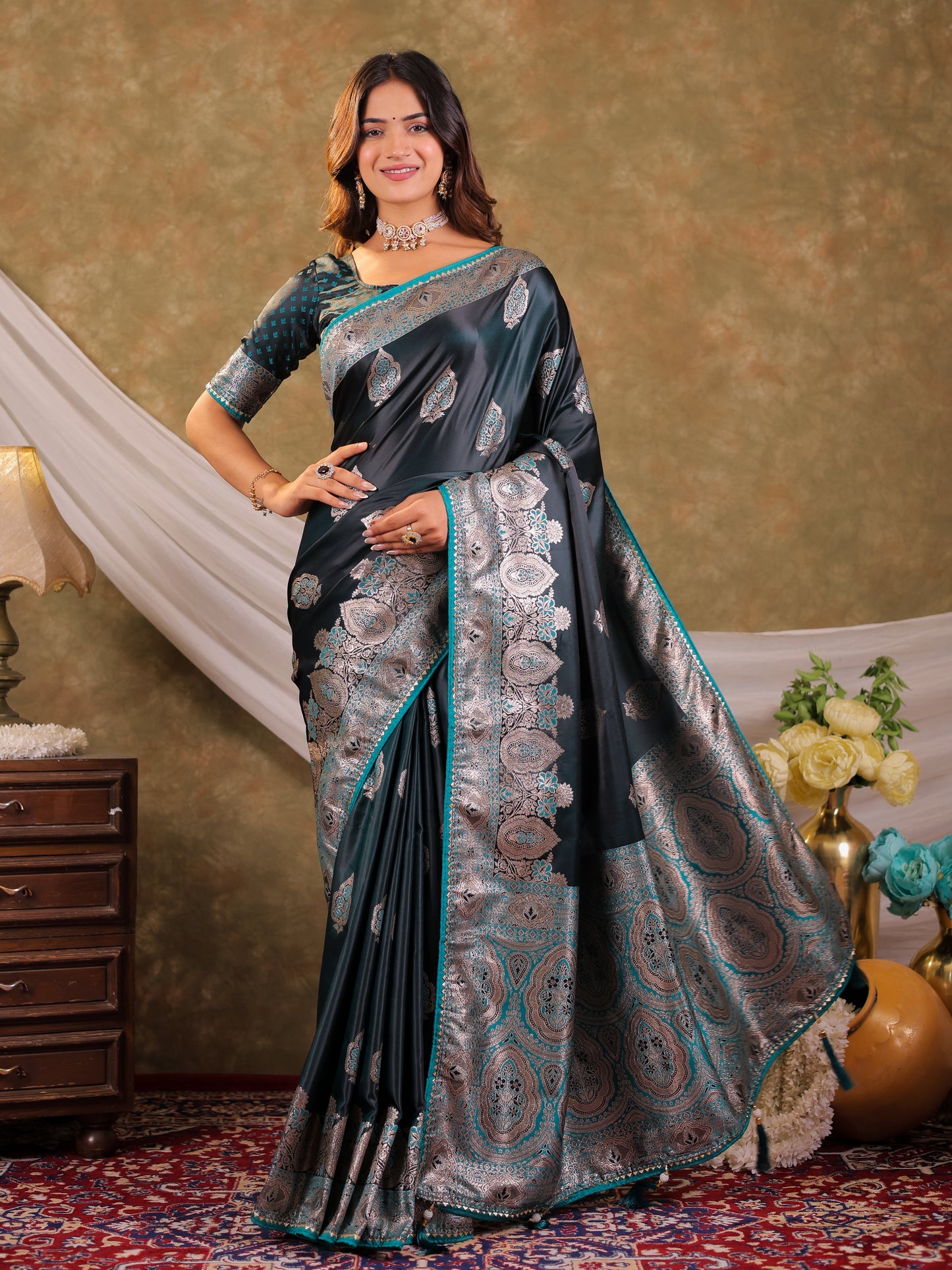 Dark Teal Green Kanjivaram Banarasi Satin Silk Saree with Rich Silver Zari Weaving, Royal Heritage Pallu & Tassel Detailing